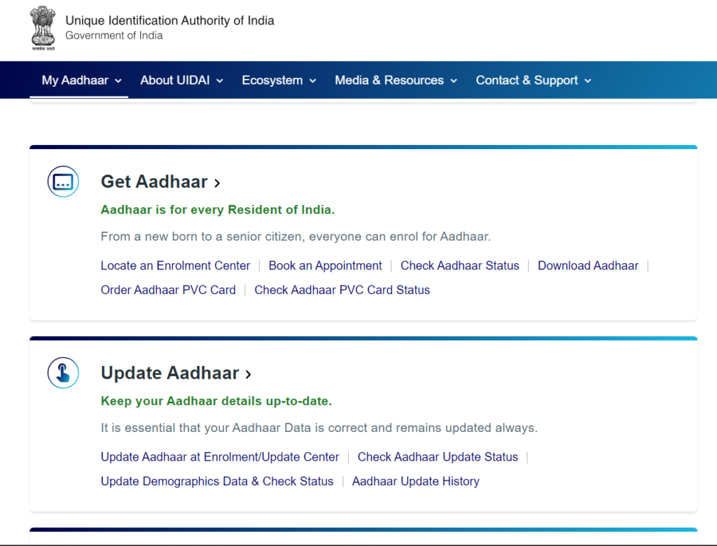 UIDAI Aadhar Card Update Page